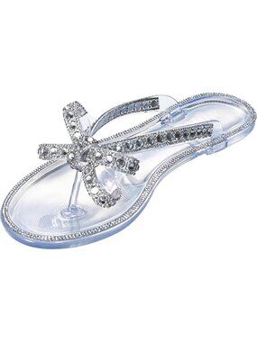 Stylish Women's Jelly Flat Sandals with Rhinestones, Bow Knot & Glitter Accents